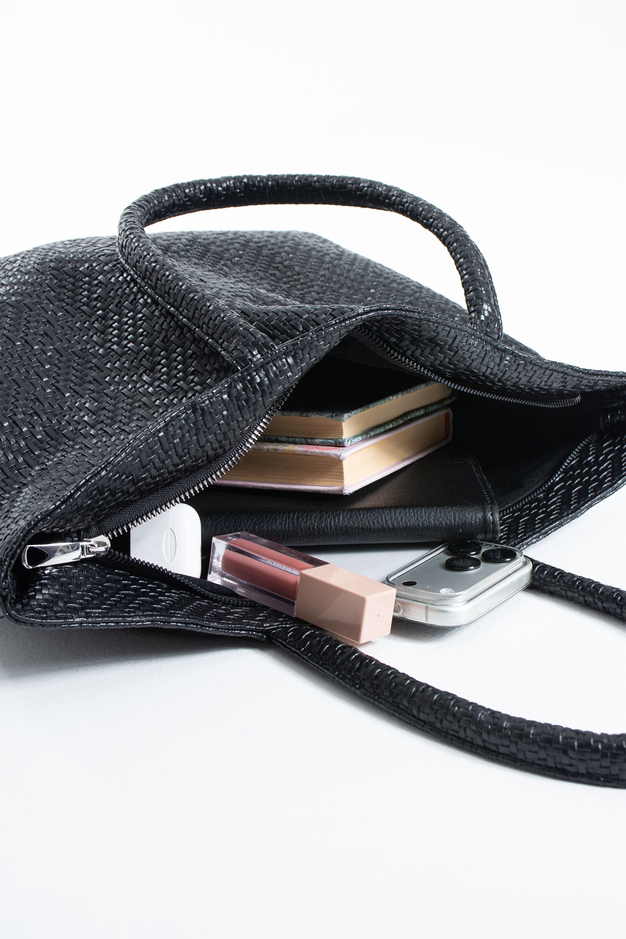 Woven Pu Leather Tote Bag with Matching Zipper Pouch 2PCS Set - Black