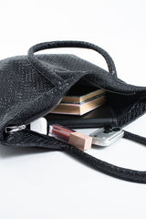 Woven Pu Leather Tote Bag with Matching Zipper Pouch 2PCS Set - Black