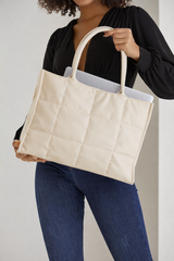 Quilted Pu Leather Tote Bag with Detachable Strap - Cream