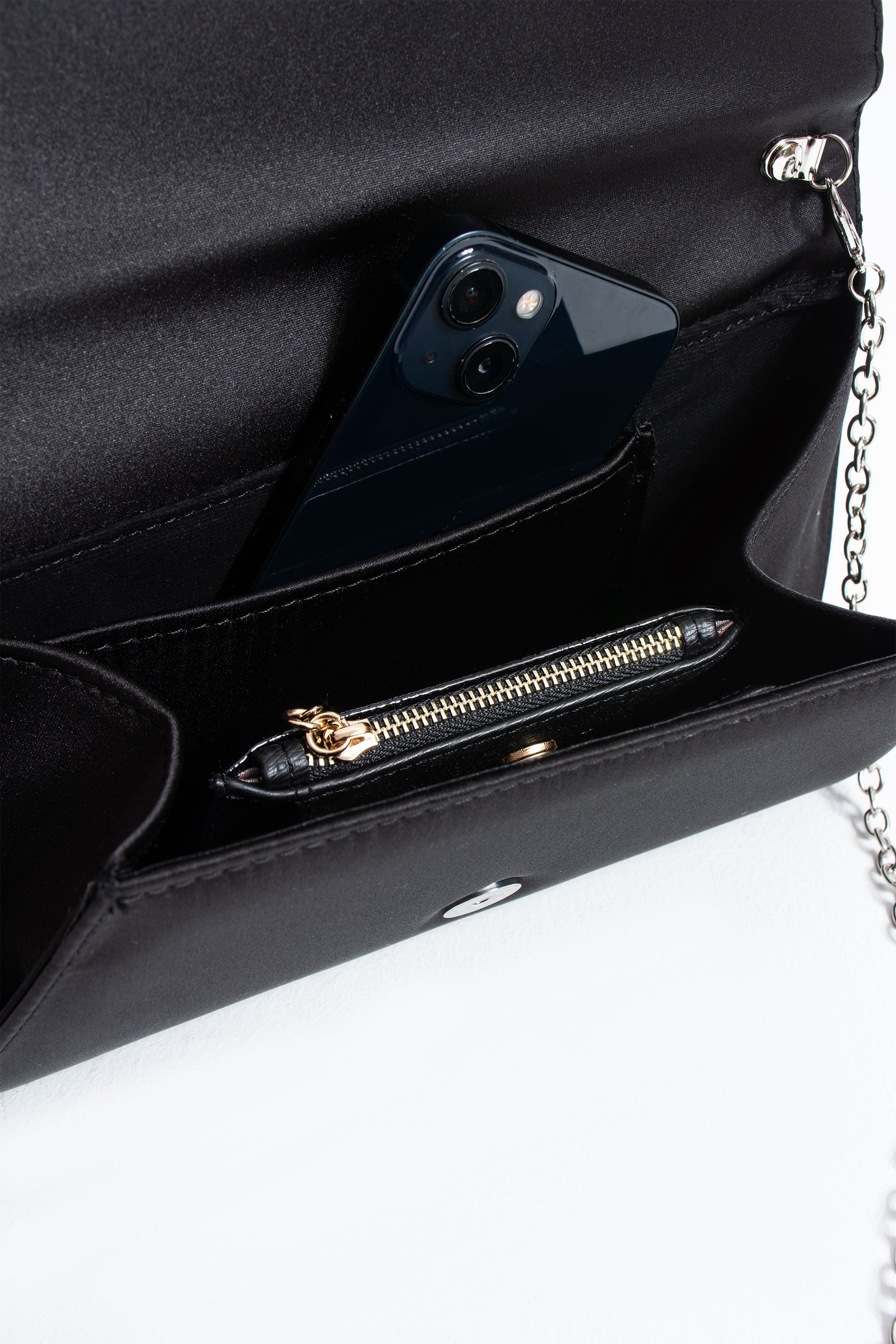 Satin Evening Clutch Bag with Embellishment - Black