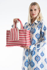 Striped Canvas Summer Tote Bag  with Matching Zipper Pouch 2 Pcs Set - Red