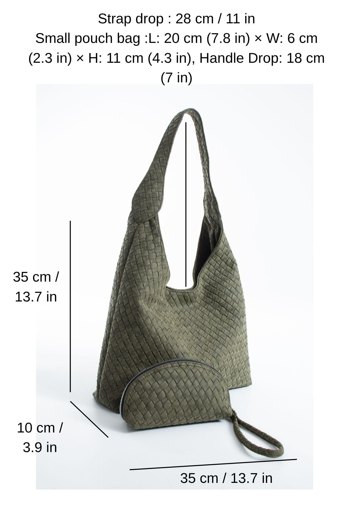 Woven Suede Slouchy Tote Bag with Matching Zipper Pouch 2PCS Set - Khaki