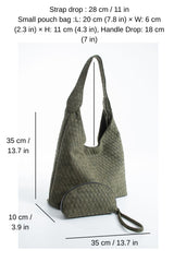 Woven Suede Slouchy Tote Bag with Matching Zipper Pouch 2PCS Set - Khaki