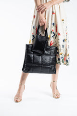 Quilted Crinkle Patent Pu Leather Tote Bag - Black