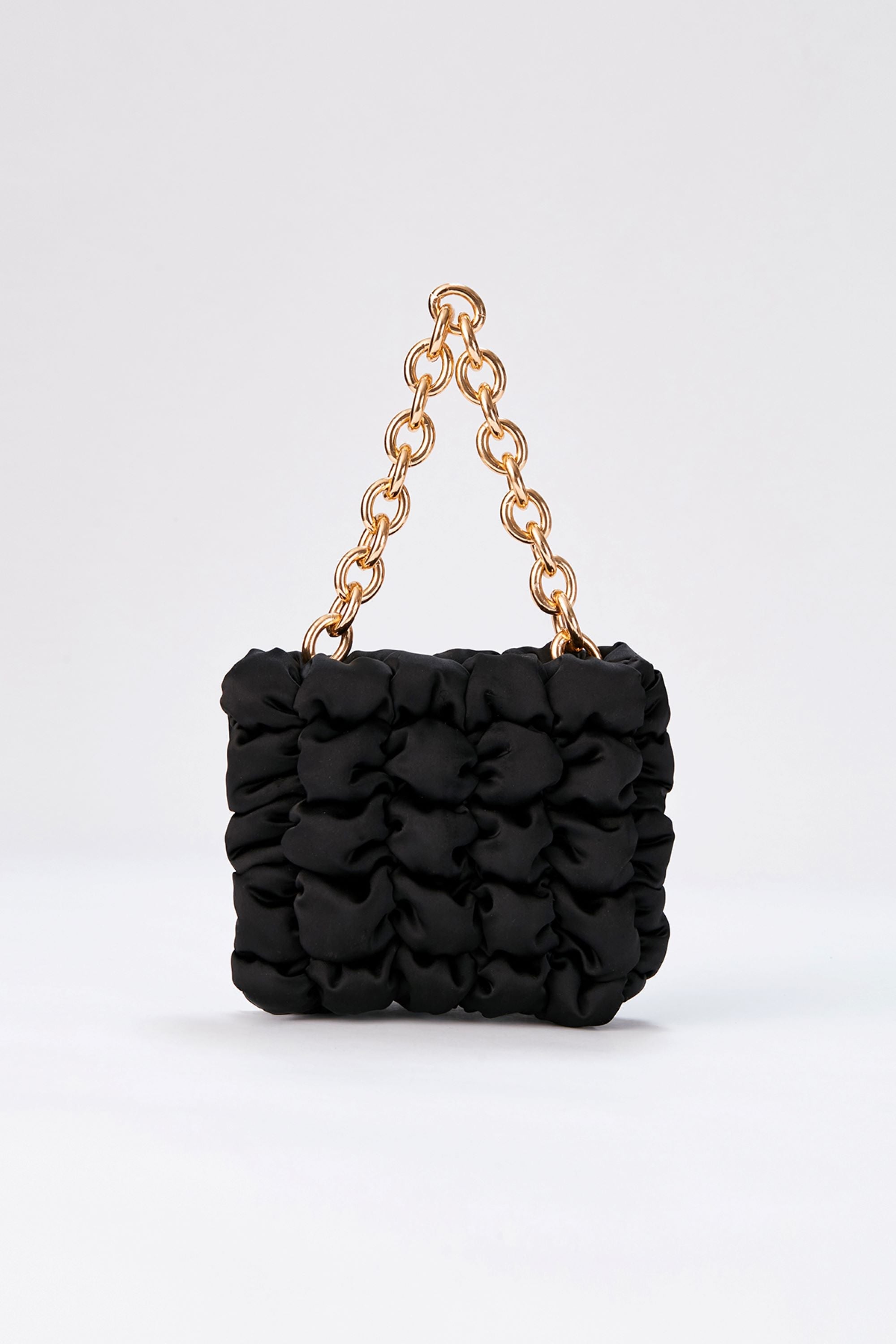 Quilted Satin Chunky Chain Handbag - Black