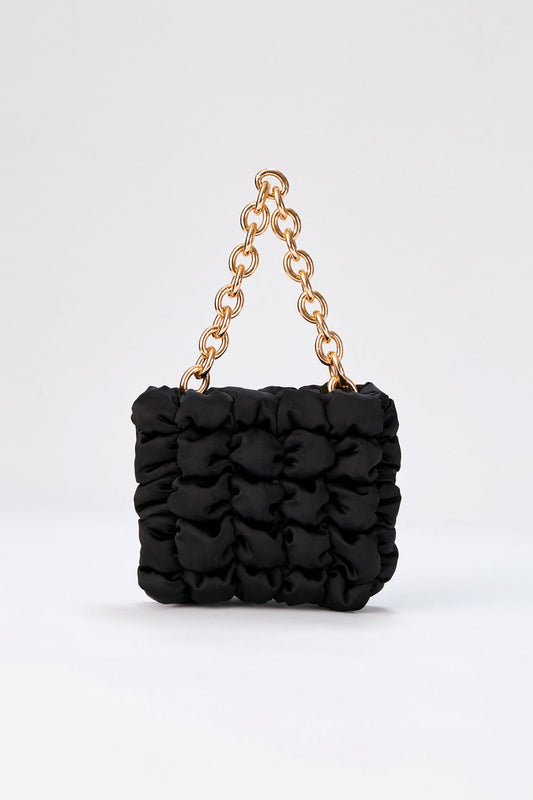 Quilted Satin Chunky Chain Handbag - Black