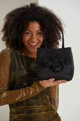 Floral Satin Handbag with Detachable Crossbody Strap - Black