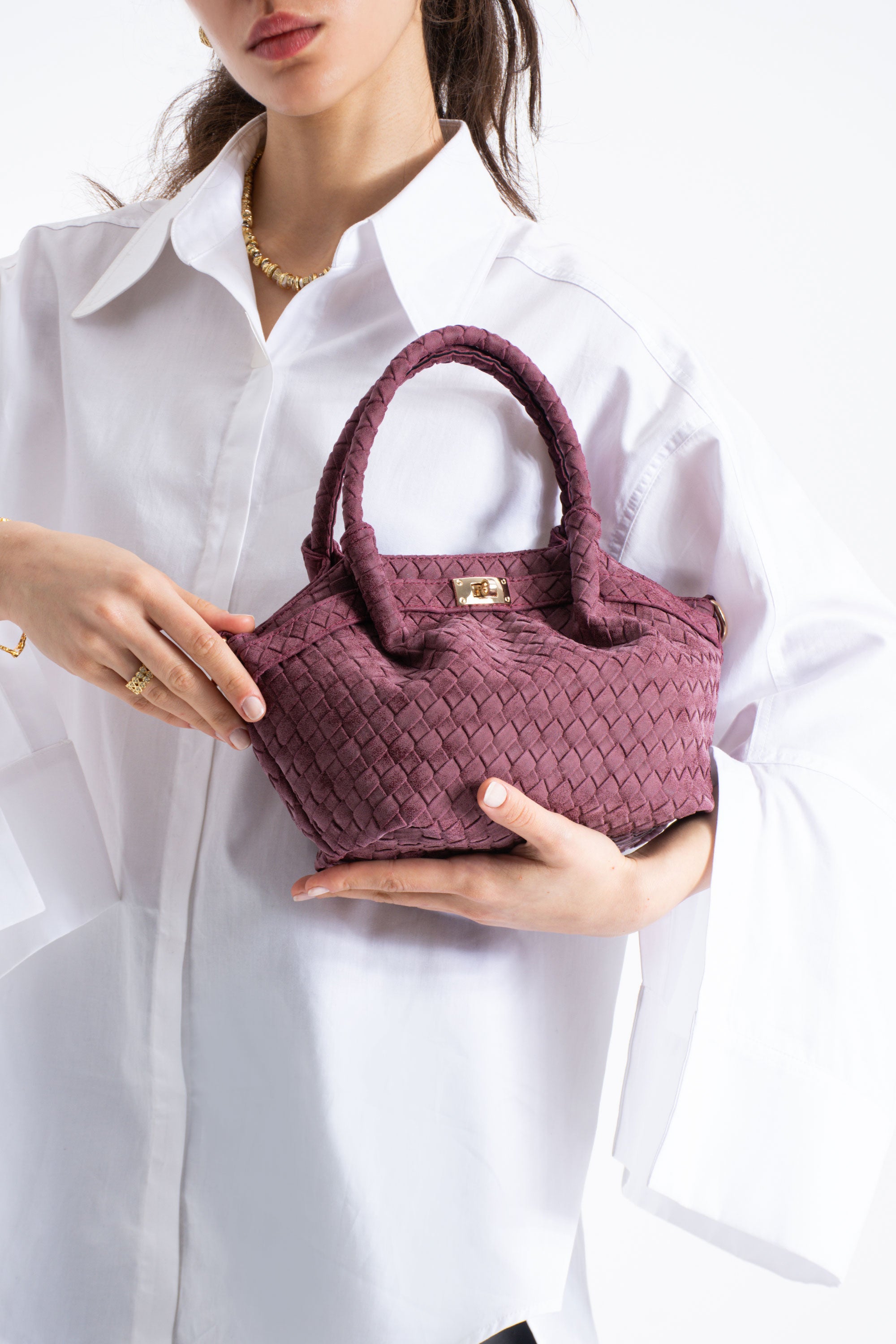 Woven Suede Top Handle Crossbody Bag with Twist Lock Detail - Burgundy