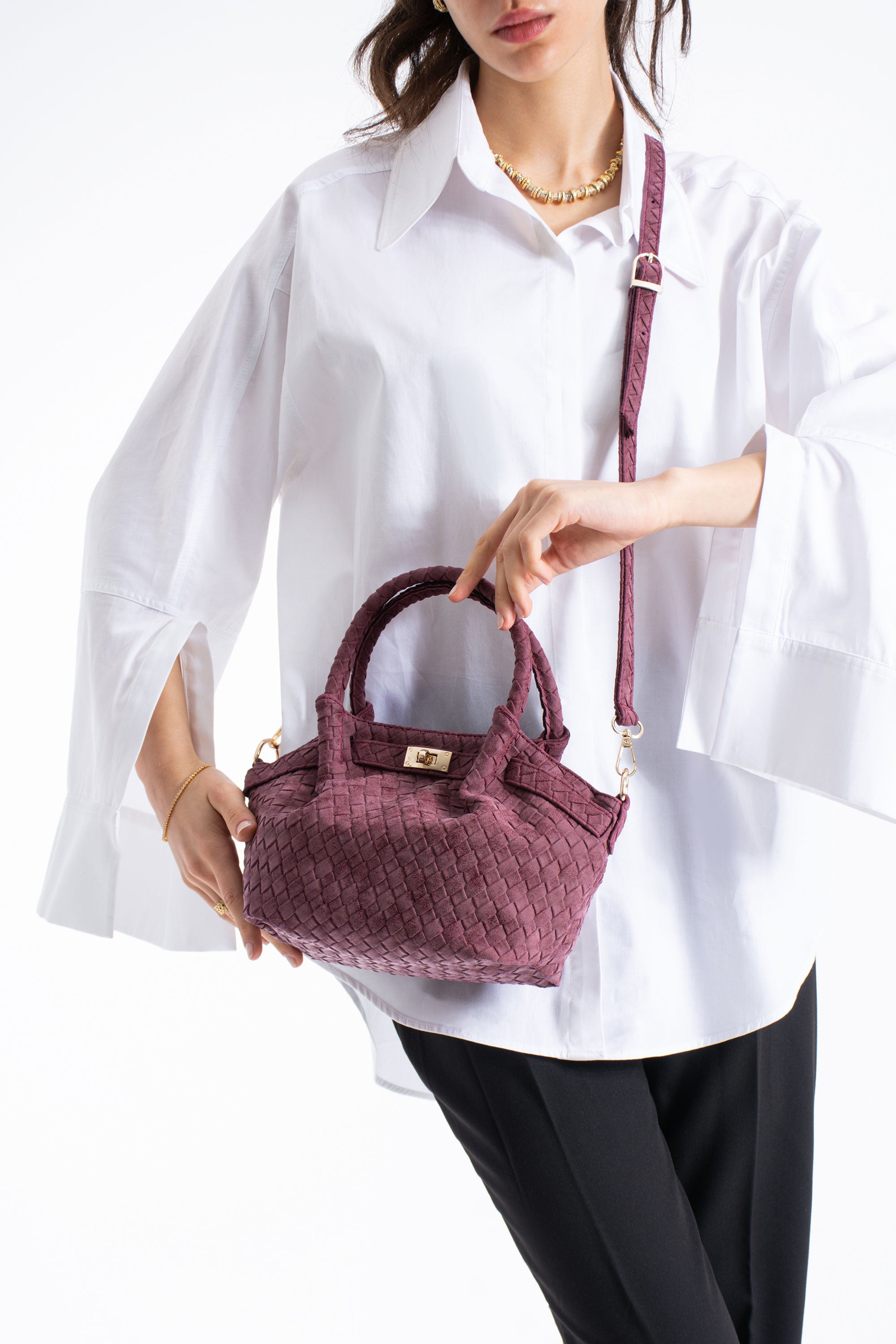 Woven Suede Top Handle Crossbody Bag with Twist Lock Detail - Burgundy