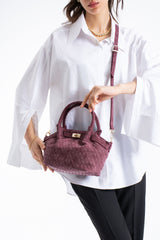 Woven Suede Top Handle Crossbody Bag with Twist Lock Detail - Burgundy