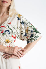 Womens Viscose Floral Print V Neck Short Sleeve Midi Dress