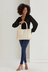Quilted Pu Leather Tote Bag with Detachable Strap - Cream