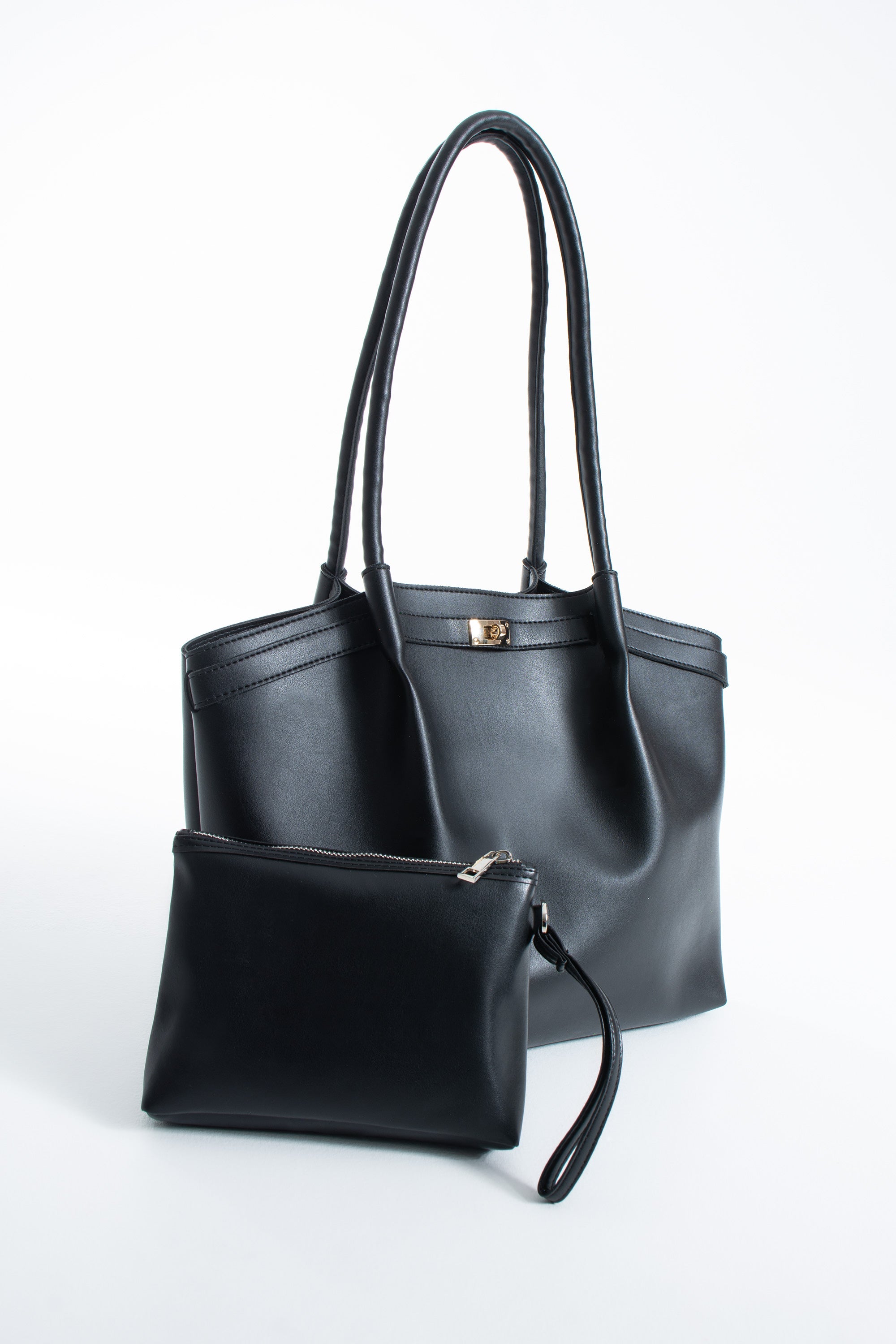 Large PU Leather Shopper Tote Bag with Matching Pouch - Black