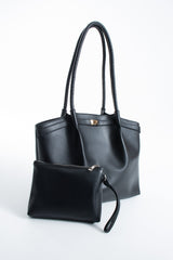 Large PU Leather Shopper Tote Bag with Matching Pouch - Black