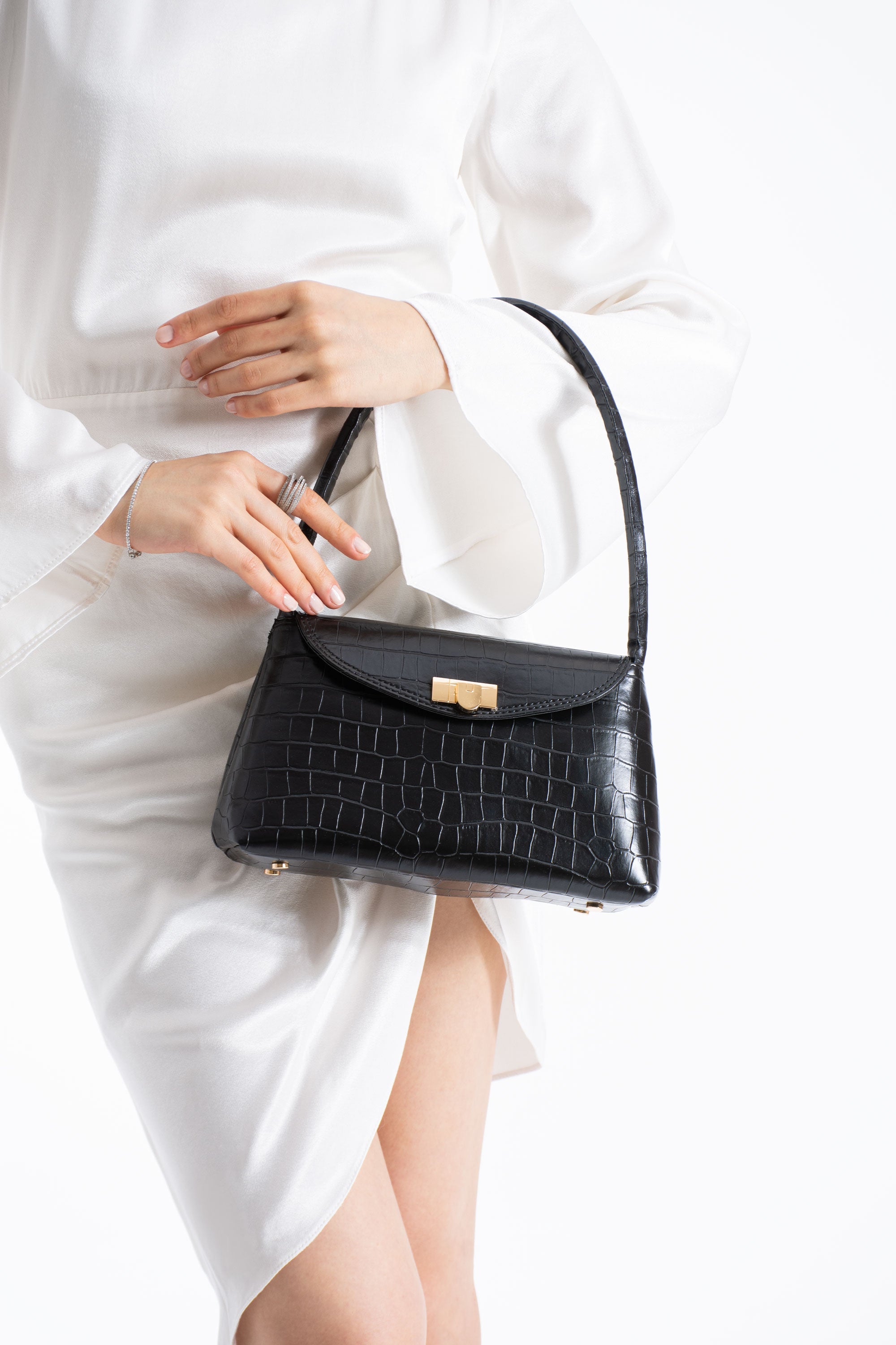 Croc Pu Flap Shoulder Bag - Black