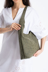 Woven Suede Slouchy Tote Bag with Matching Zipper Pouch 2PCS Set - Khaki