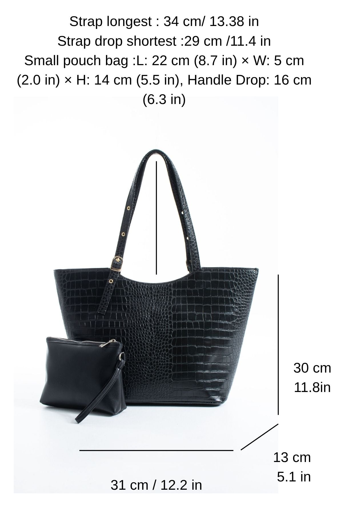 Textured  Pu Leather Tote Bag with Matching Zipper Pouch 2PCS Set - Black