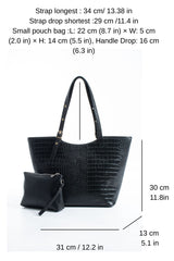 Textured  Pu Leather Tote Bag with Matching Zipper Pouch 2PCS Set - Black