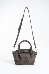 Woven Suede Top Handle Crossbody Bag with Twist Lock Detail - Brown