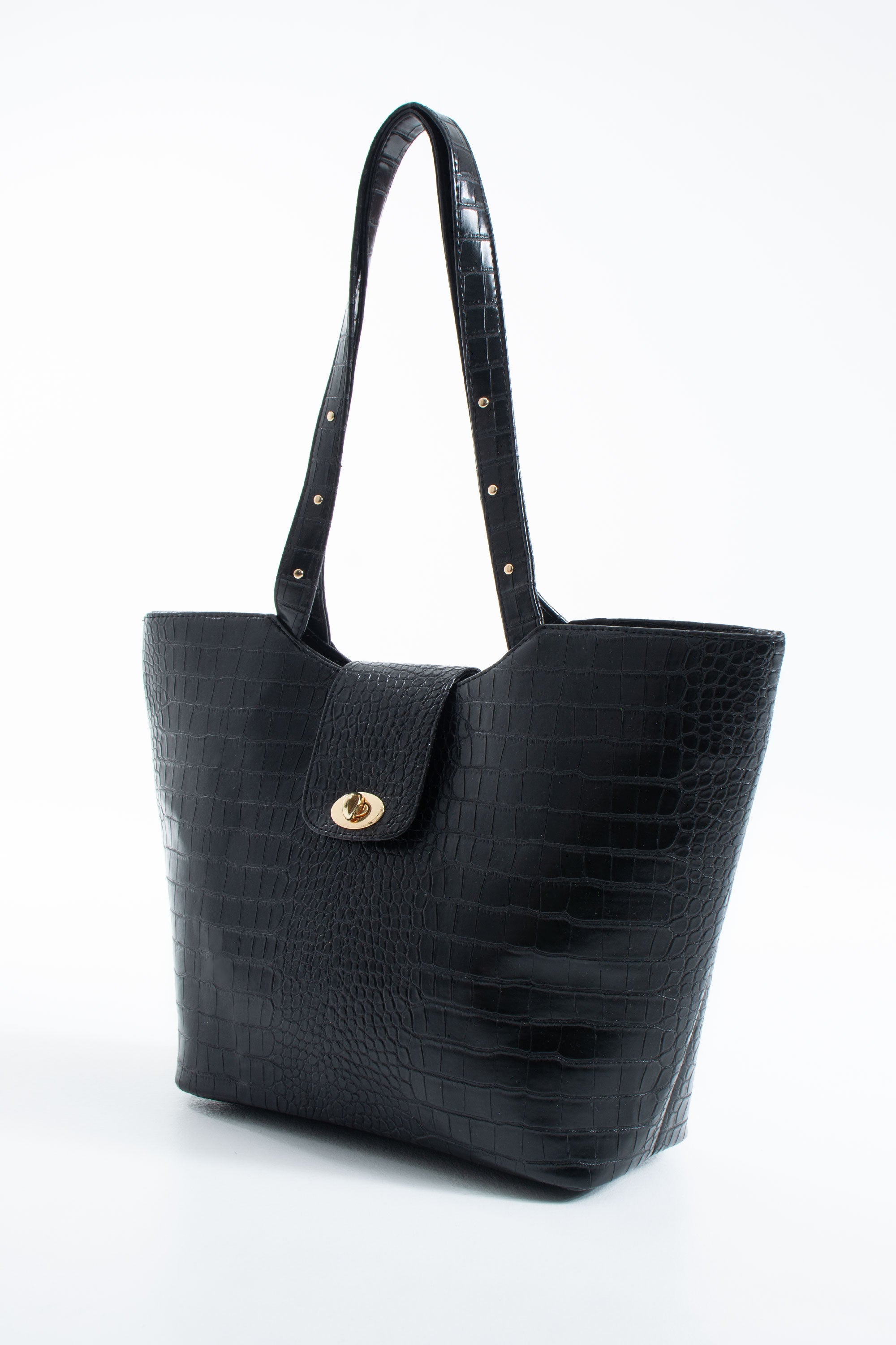 Texured Pu Leather Tote Bag with Matching Zipper Pouch 2PCS Set - Black