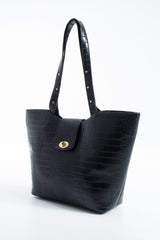 Texured Pu Leather Tote Bag with Matching Zipper Pouch 2PCS Set - Black