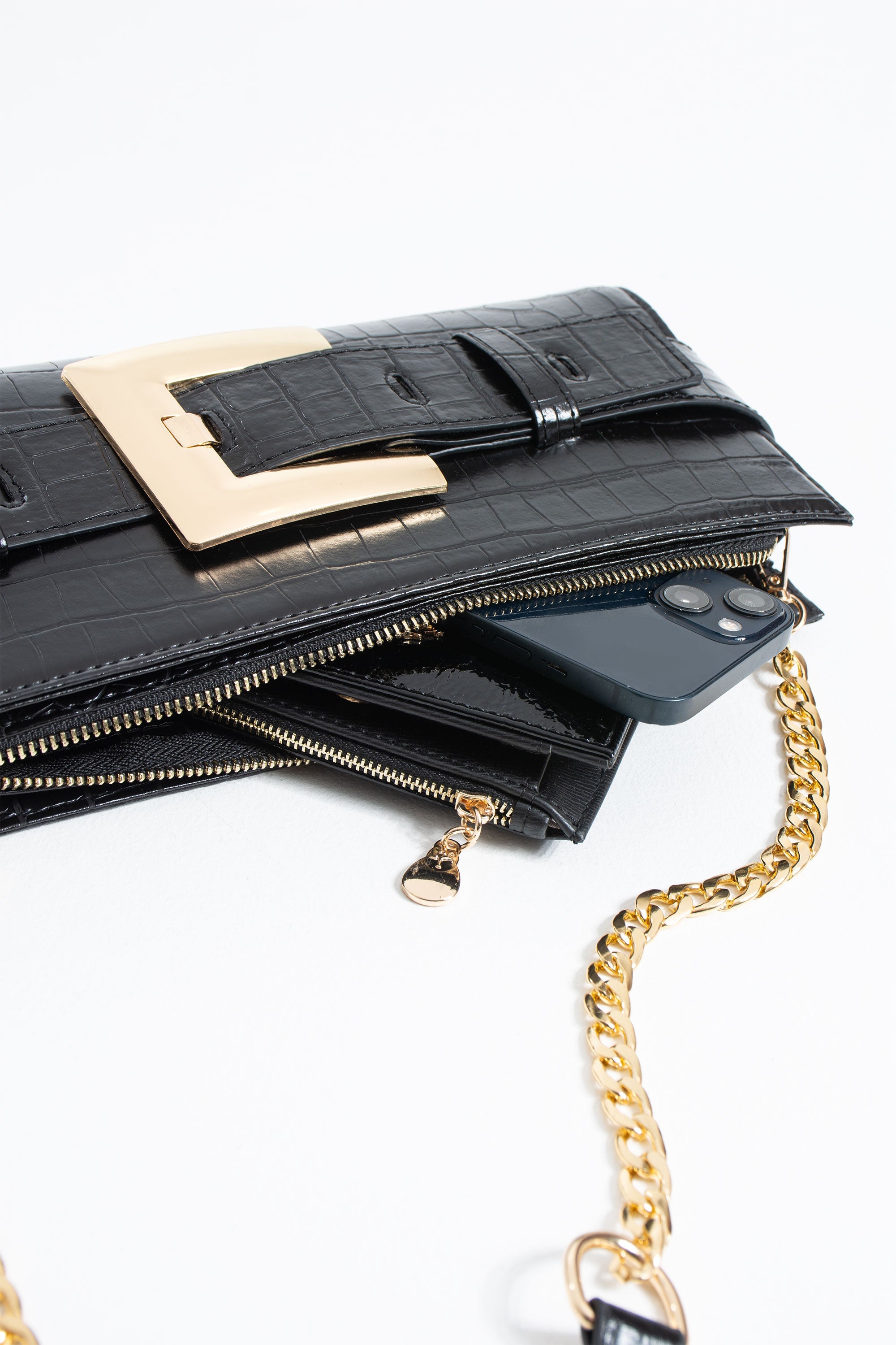 Croc PU Leather Shoulder & Clutch Bag with Large Gold Buckle - Black