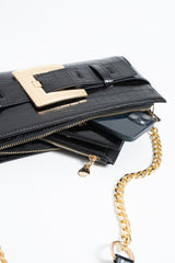 Croc PU Leather Shoulder & Clutch Bag with Large Gold Buckle - Black