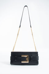 PU Leather Shoulder & Clutch Bag with Large Gold Buckle - Black