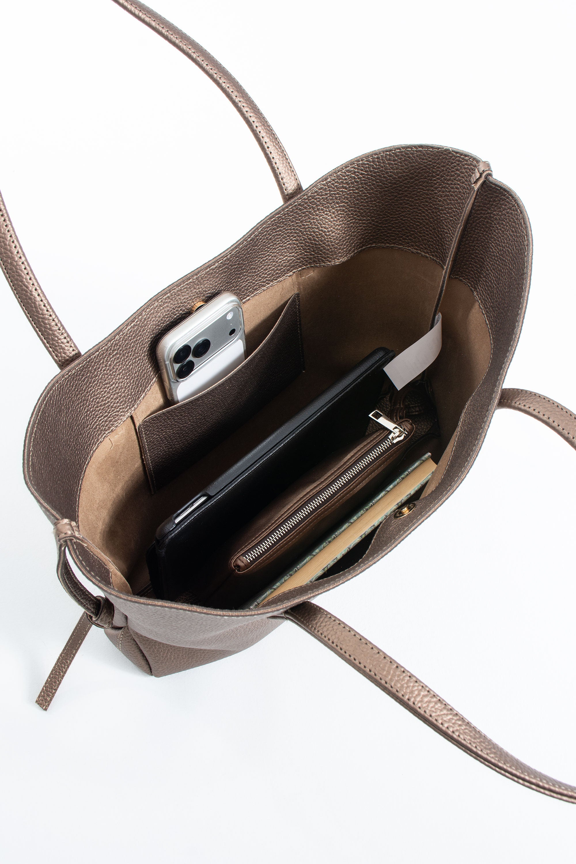 Grain Pu Leather Large Tote Bag with Matching Zipper Pouch  2PCS Set - Gold