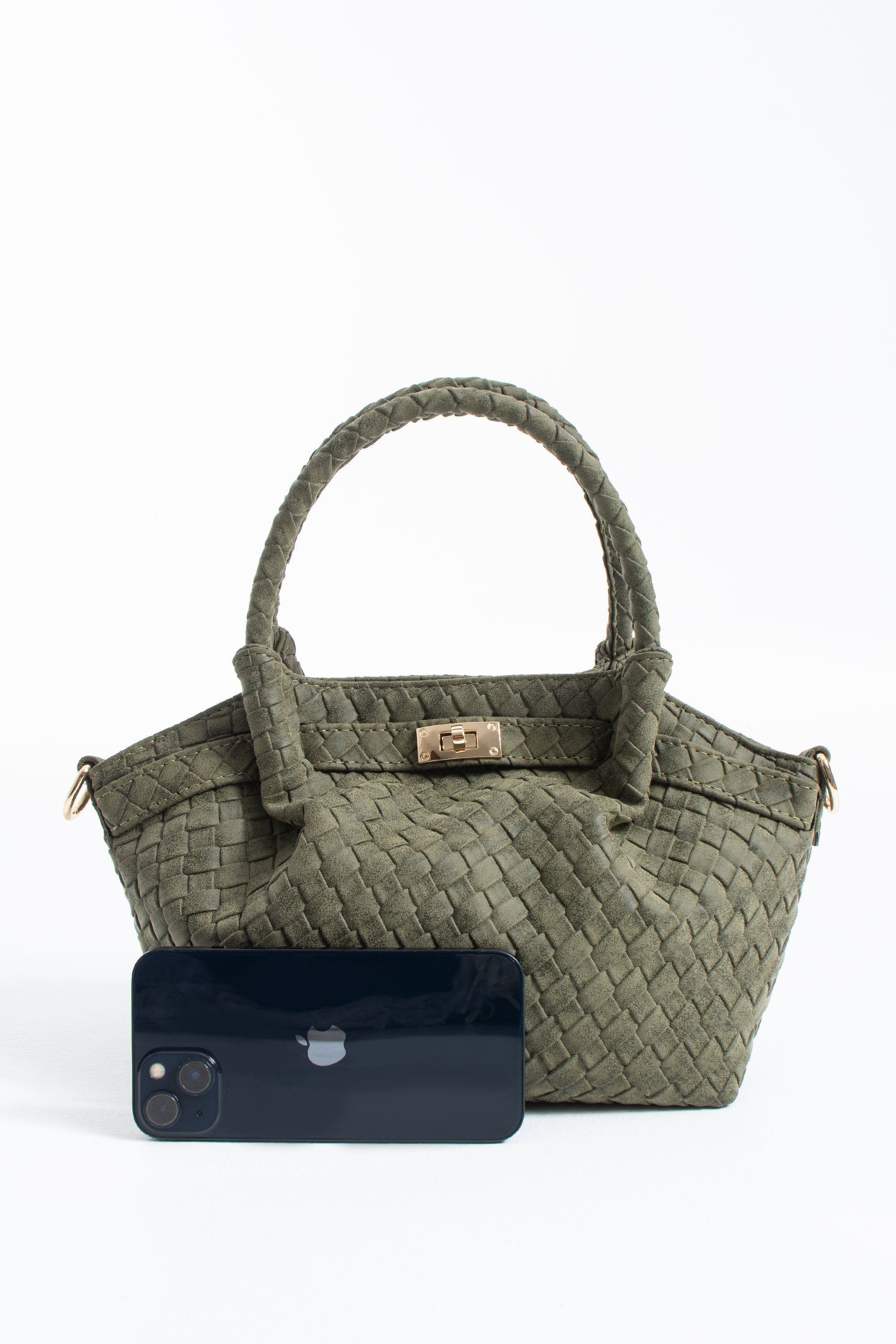 Woven Suede Top Handle Crossbody Bag with Twist Lock Detail - Khaki