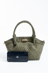 Woven Suede Top Handle Crossbody Bag with Twist Lock Detail - Khaki