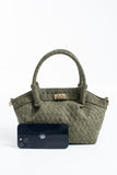 Woven Suede Top Handle Crossbody Bag with Twist Lock Detail - Khaki