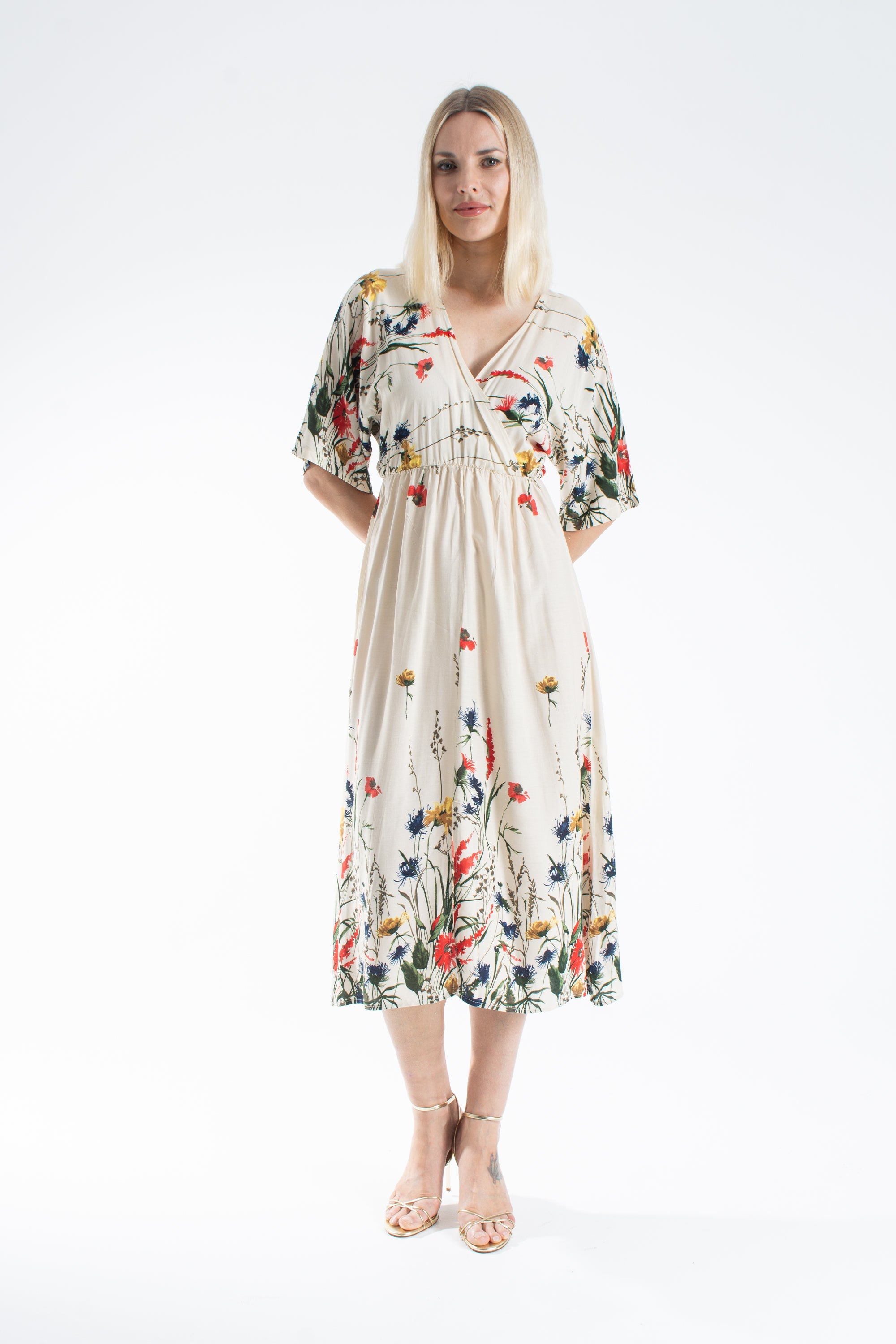Womens Viscose Floral Print V Neck Short Sleeve Midi Dress