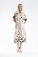 Womens Viscose Floral Print V Neck Short Sleeve Midi Dress