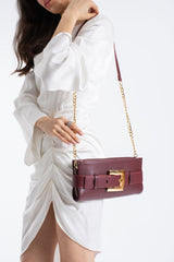 PU Leather Shoulder & Clutch Bag with Large Gold Buckle - Burgundy