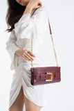 PU Leather Shoulder & Clutch Bag with Large Gold Buckle - Burgundy