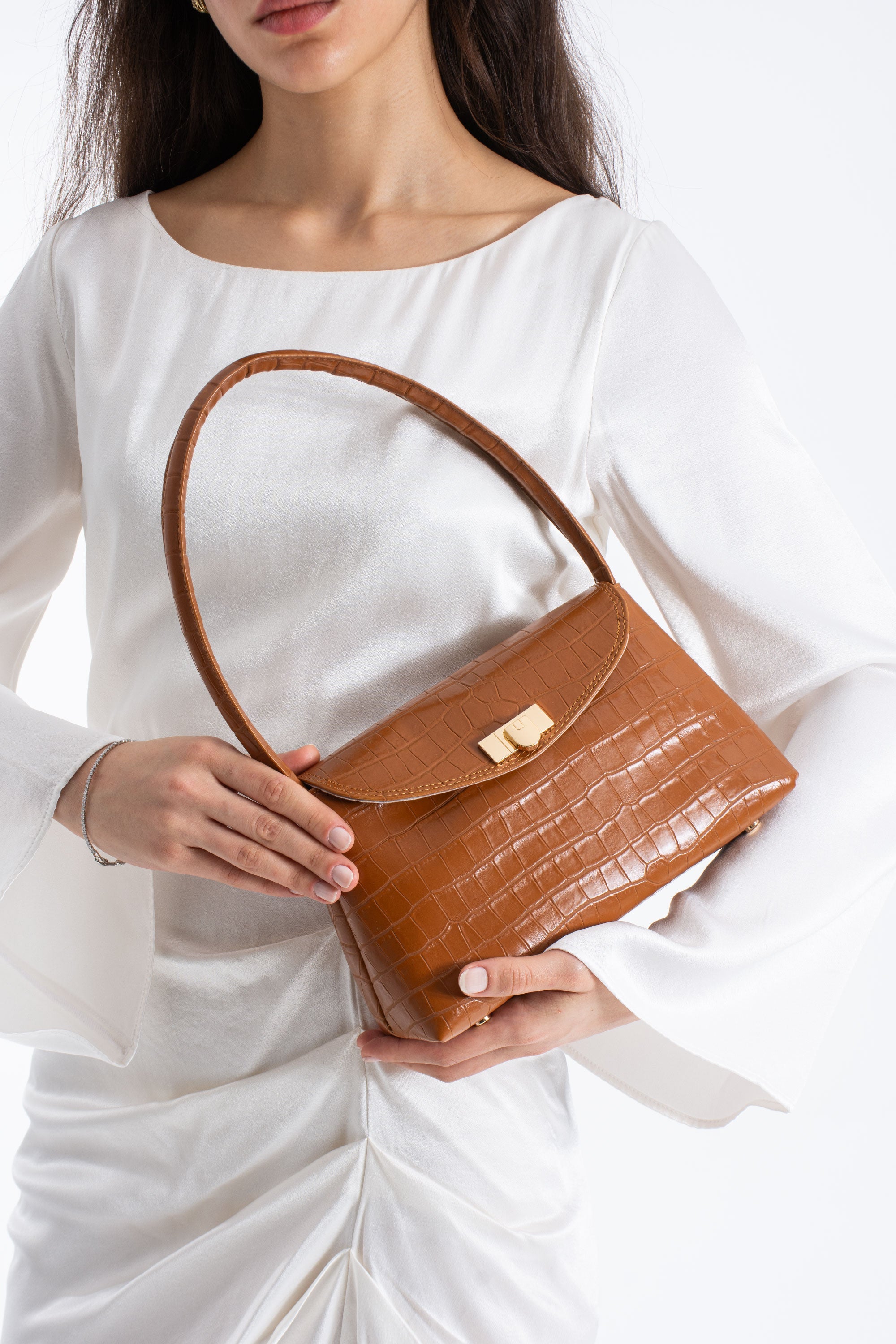 Croc Pu Flap Shoulder Bag - Tan