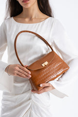 Croc Pu Flap Shoulder Bag - Tan