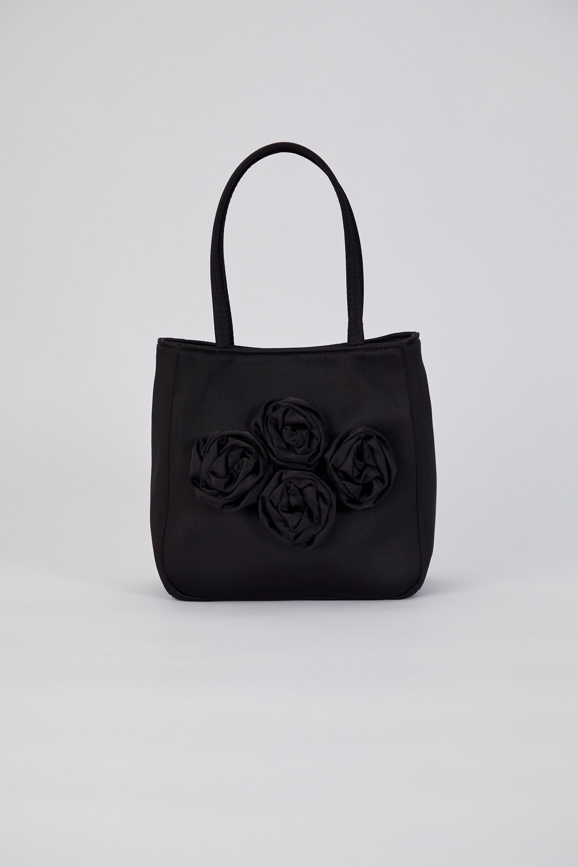 Floral Satin Handbag with Detachable Crossbody Strap - Black
