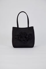 Floral Satin Handbag with Detachable Crossbody Strap - Black