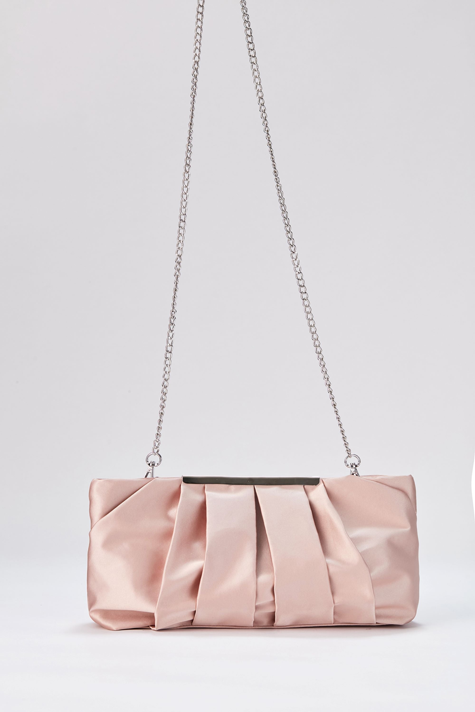 Pleated Satin Clutch Bag with Detachable Strap - Nude