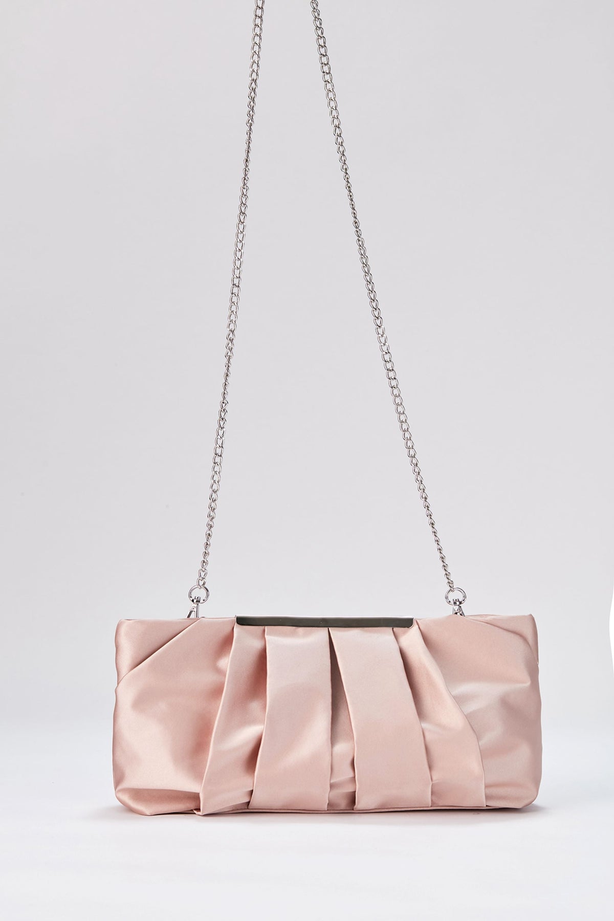 Pleated Satin Clutch Bag with Detachable Strap - Nude