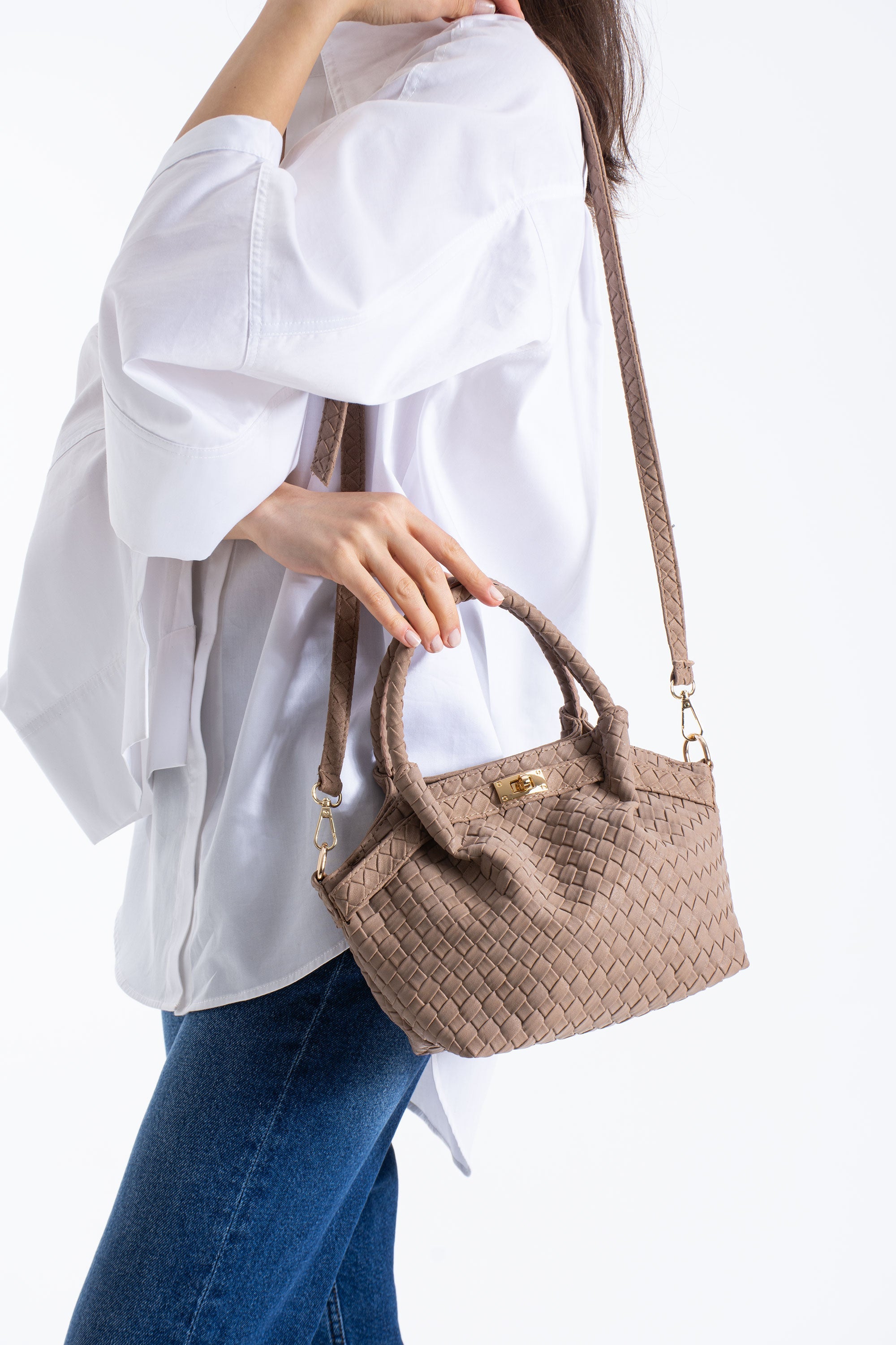 Woven Suede Top Handle Crossbody Bag with Twist Lock Detail - Beige