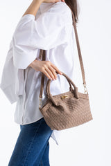 Woven Suede Top Handle Crossbody Bag with Twist Lock Detail - Beige