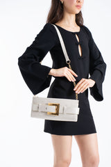 Croc PU Leather Shoulder & Clutch Bag with Large Gold Buckle - Cream