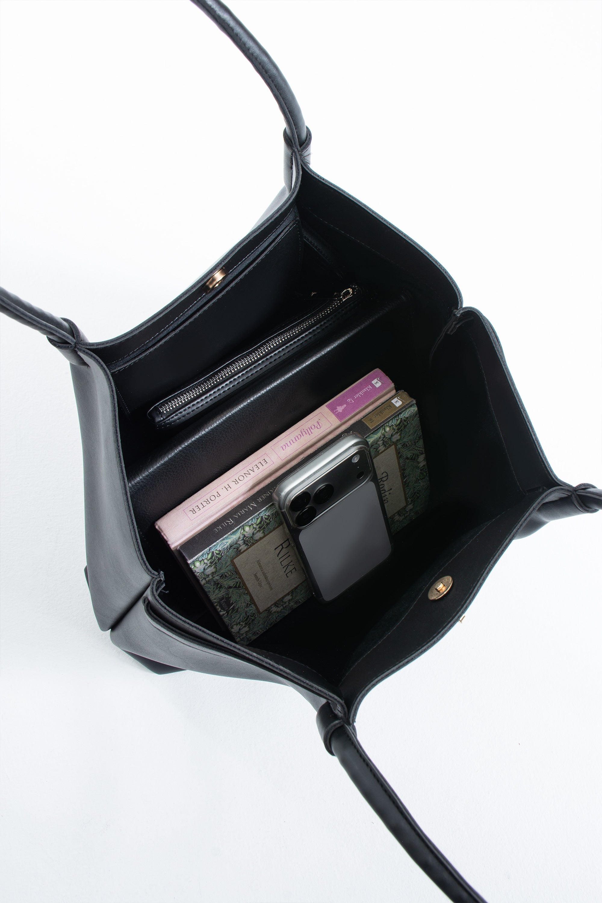 Large PU Leather Shopper Tote Bag with Matching Pouch - Black