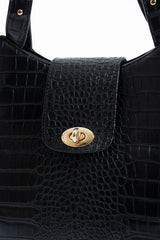 Texured Pu Leather Tote Bag with Matching Zipper Pouch 2PCS Set - Black
