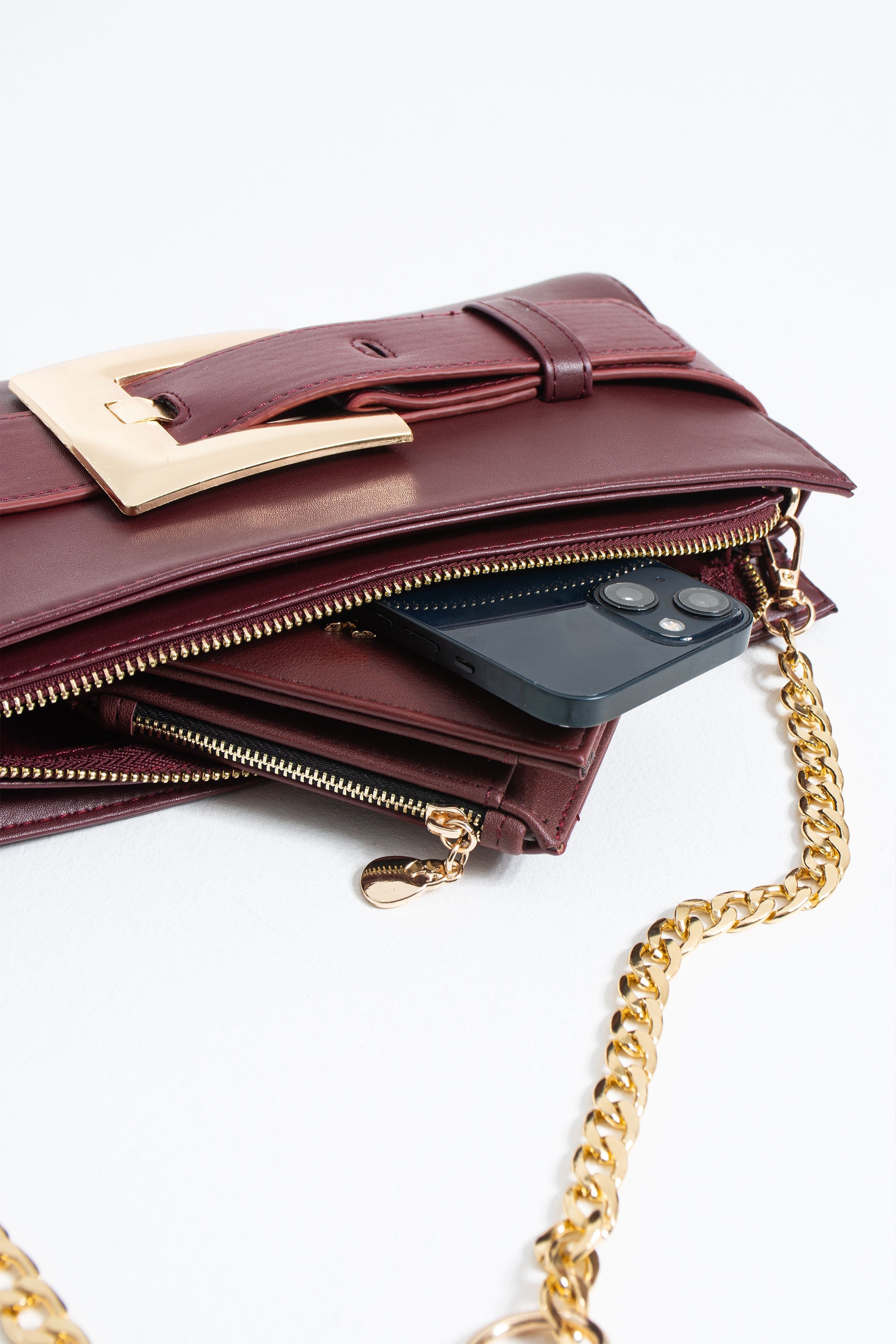 PU Leather Shoulder & Clutch Bag with Large Gold Buckle - Burgundy