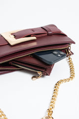 PU Leather Shoulder & Clutch Bag with Large Gold Buckle - Burgundy