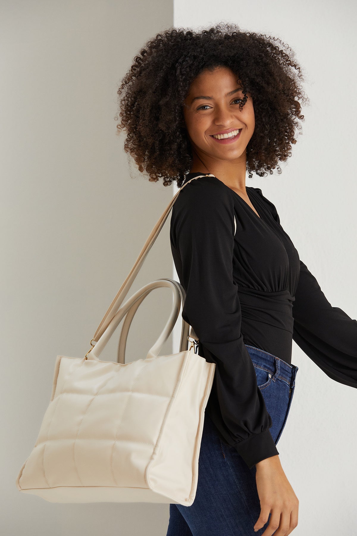 Quilted Pu Leather Tote Bag with Detachable Strap - Cream